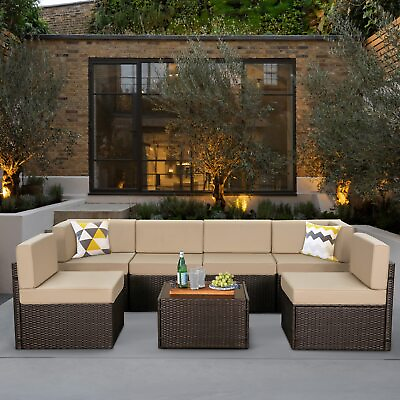 #ad 7 Pieces Patio Sofa Set PE Rattan Outdoor Furniture Sectional Conversation Sofas