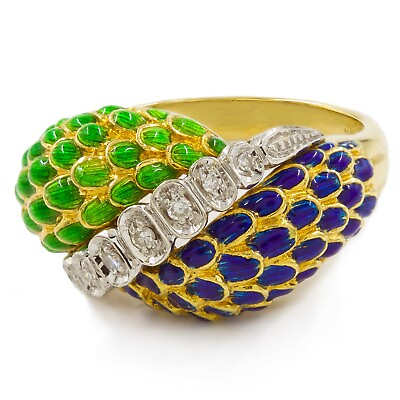 #ad Vintage Italian 18k Gold amp; Diamond Ring with Blue amp; Green Enamel size 7 1 2