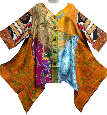 #ad Nwt FUNKY STUFF patch hippy bohemian pure light sari silk TOP TUNIC 4X Free ship