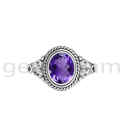 #ad 925 Sterling Silver Natural Amethyst Handmade Oval Western Style Ring For Women