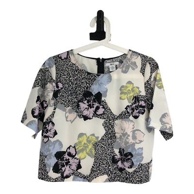 #ad BAR III Black amp; White Multicolor Floral Printed Short Sleeve Jewel Neck Top S