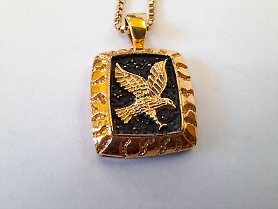 #ad Vintage Eagle Pendant Necklace Gold Tone Black