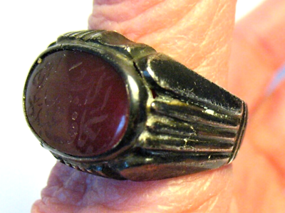 #ad VINTAGE ANODIZED STERLING SILVER CARNELIAN RING MIDDLE EASTERN SYMBOLS SIZE 9.5