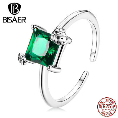 #ad Bisaer European 925 Sterling Silver Green square CZ Open Ring Jewelry For Women