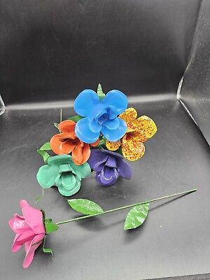 #ad Long Stem Metal Rose Flowers Green Leaf Handcrafted Flower 13quot; Lot Of 6 DECOR