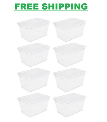 #ad Set of 8 Storage Box Organizer Container Plastic 58 Qt Stackable Bin Lid Clear