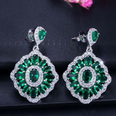 #ad Silver Plated Green Cubic Zirconia Long Dangle Drop Earring for Women Engagement