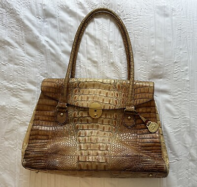 #ad Brahmin Collection Croc Embossed Leather Shoulder Bag Toasted Almond Buckle $58.40