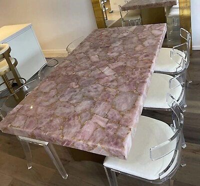 #ad Marble Breakfast Table Top Rose Quartz with Golden Foil Epoxy Art Coffee Table