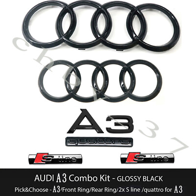 #ad Audi A3 Emblem Gloss Black Rings Rear Quattro Sline Combo Set OE 2010 2020