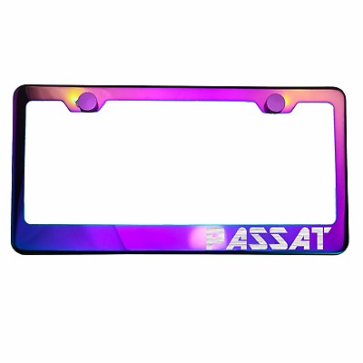 #ad Polish Neo Neon Chrome License Plate Frame PASSAT Laser Etched Metal Screw Cap