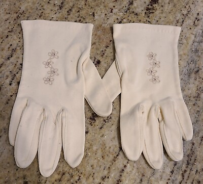 #ad Vintage Size S M Strech Off White 7.5quot; Formal Gloves Embroidered Flower Eyelet