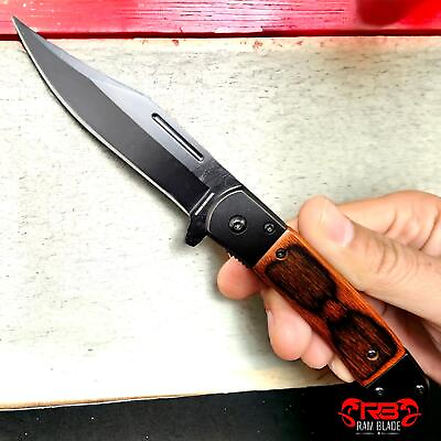 #ad 8quot; Classic Brown Wood Handle Spring Open Assisted Folding Blade Pocket Knife