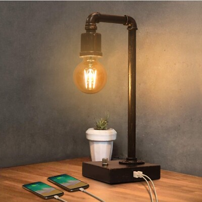 #ad Industrial Table Lamp With USB Charging Ports Dimmable Steampunk Lamp Metal Pipe
