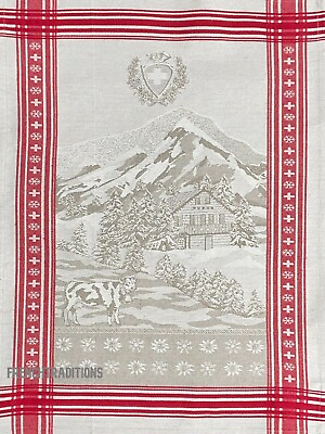 #ad French Jacquard Kitchen Dish Towel Swiss Alps Scenery Edelweiss Made France