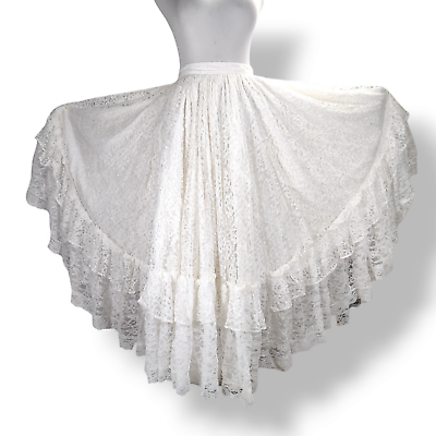 #ad Vintage White Lace Prairie Skirt Size M Tiered Ruffle Full Maxi Boho Bridal
