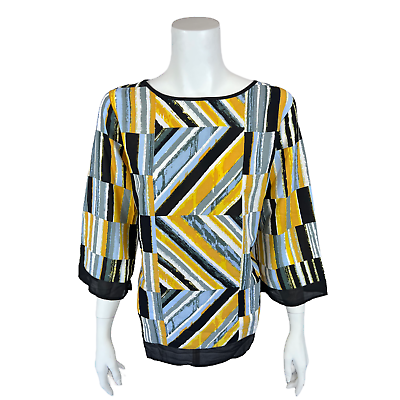 #ad Bob Mackie#x27;s Women Abstract Stripe Top with Chiffon Trim Black Yellow Large Size