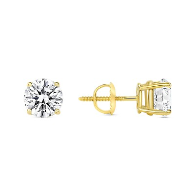 #ad 2 Ct Created Diamond Round Cut Real 14K Yellow Gold Stud Earrings Screw Back
