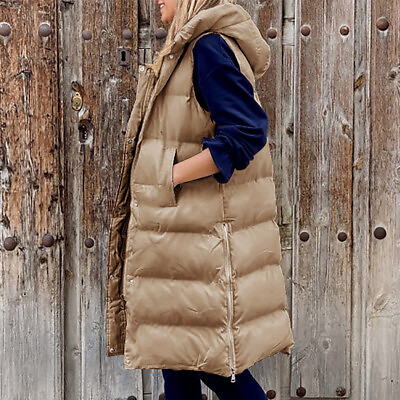 #ad Womens Warmer Longline Puffer Gilet Hooded Jacket Padded Body Pockets Zip Coat