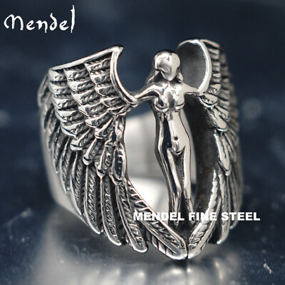 #ad MENDEL Mens Feather MC Biker Angel Wing Ring Stainless Steel Silver Size 7 15