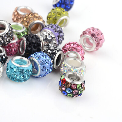 #ad 100x Mixed European Rhinestone Crystal Charm Clay Spacer Beads Bracelet Making