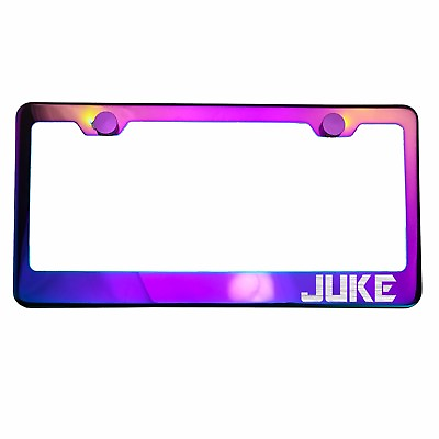 #ad Polish Neo Neon Chrome License Plate Frame JUKE Laser Etched Metal Screw Cap