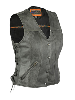 #ad Women#x27;s Distressed Gray Classic Style Leather Motorcycle Conceal Carry Vest NEW