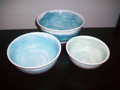 #ad Pepper Vetiver quot;Oceaniaquot; Blue Green Watercolor Pattern Set of 3 Nesting Bowls