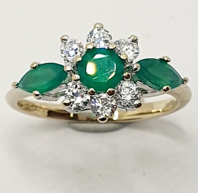 #ad 9ct Green Chrysoprase and CZ Cluster Yellow Gold Hallmarked Ring Size N 1 2