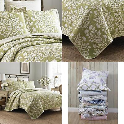#ad Rowland 3 piece Green Floral Cotton Full queen Quilt Set Collection Queen Pc
