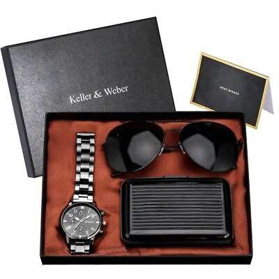 #ad Men#x27;s Gift Set Creative Steel Quartz Watch Black Sunglasses Card Holder Case Box