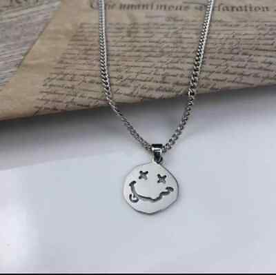 #ad NIRVANA Stainless Steel Smiley Face Pendant Silver Grunge Rock Necklace Fashion