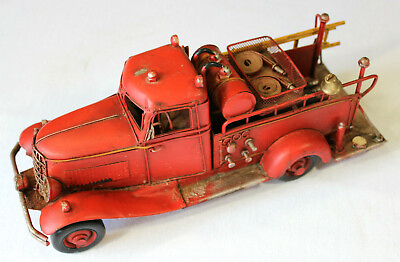 #ad Fire Truck Metal Vintage Style Retro Primitive Decor Faded Red