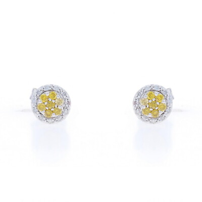 #ad White Gold Yellow Diamond Cluster Halo Stud Earrings 10k Round .32ctw Treated