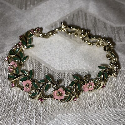 #ad Vintage Flower And Rhinestone Enamel Bracelet