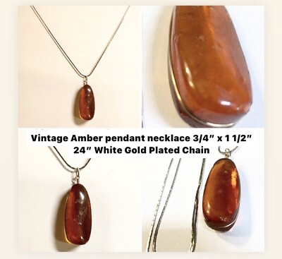 #ad Vintage Amber Pendant 3 4” X 1 1 2” White Gold Plated Chain 24”