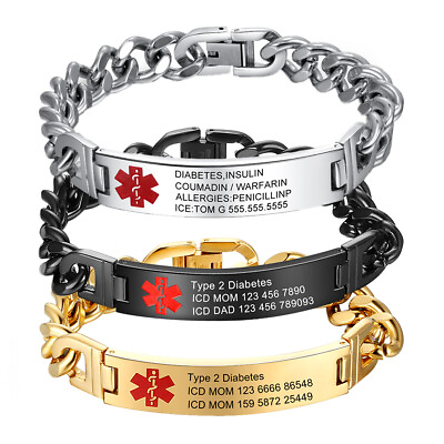 #ad Engraved Stainless Steel Medical Alert ID Bracelet Cuban Chain Safety Jewelry