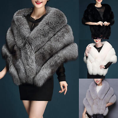 #ad Women Fur Collar Knitted Faux Mink Fur Cape Coat Poncho Jacket Knit Overcoat