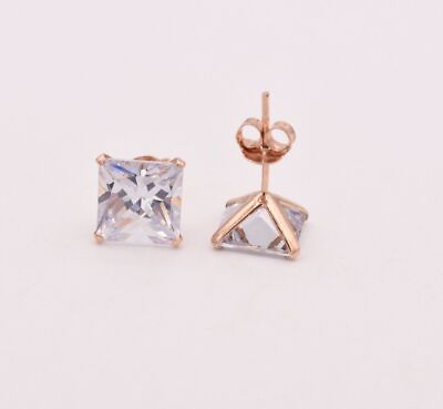 #ad Diamonique CZ Prong Set Princess Square Stud Earring 14K Rose Gold Plated Silver