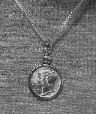 #ad Coin Pendant Silver VINTAGE MERCURY DIME Bezel Sterling Silver Plated 18” Chain