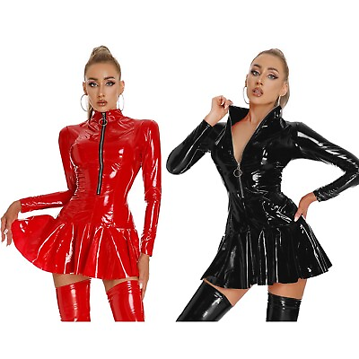 #ad US Womens Wet Look Shiny PVC Leather Short Flared Dress Zipper Party Clubwear