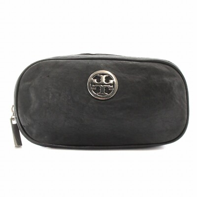 #ad Tory Burch Pouch Accessory Case Makeup Leather Logo Black Nw10 Om Ladies