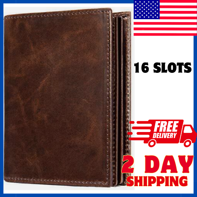 #ad Mens Leather Bifold RFID Vertical Wallet Extra Large Capacity 16 Slots ID Window