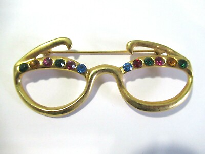 #ad EYEGLASSES GLASS BROOCH WITH RHINESTONE ACCENTS CUTE GOLD TONE