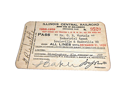 #ad 1958 1959 ILLINOIS CENTRAL RAILROAD EMPLOYEE PASS