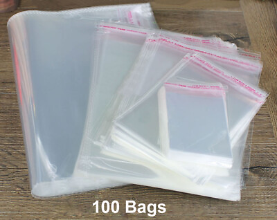 #ad 100PCS Clear Resealable Self Sealing Cello Cellophane Bags Plastic OPP Poly Bags