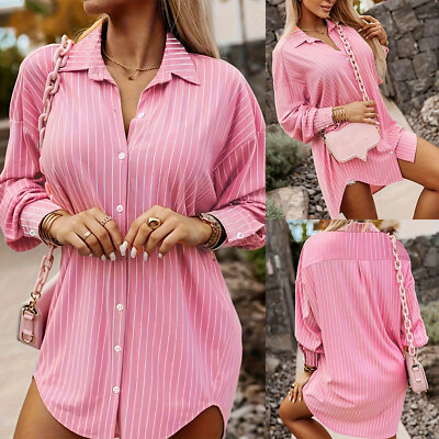 #ad Womens Sexy Striped V Neck Mini Shirt Dress Ladies Summer Beach Party Dress Tops