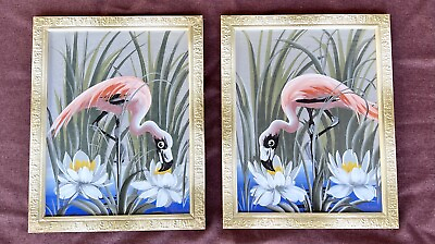 #ad Vintage M Devoe Flamingo Gouache Paintings In Original Frames Signed