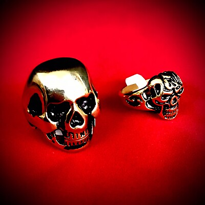 #ad Pair Of Gothic Skull Biker Steel Men#x27;s Ring High Polish Gold Tone Halloween New