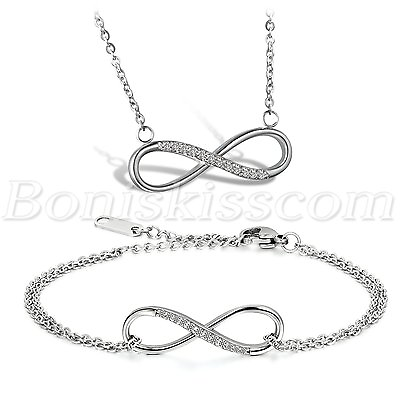 #ad Womens Stainless Steel CZ Inlay Infinity Bracelet Pendant Necklace Set Love Gift